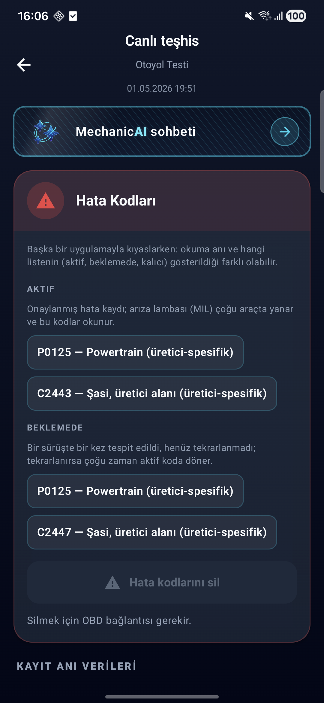 Hata kodları ekranı