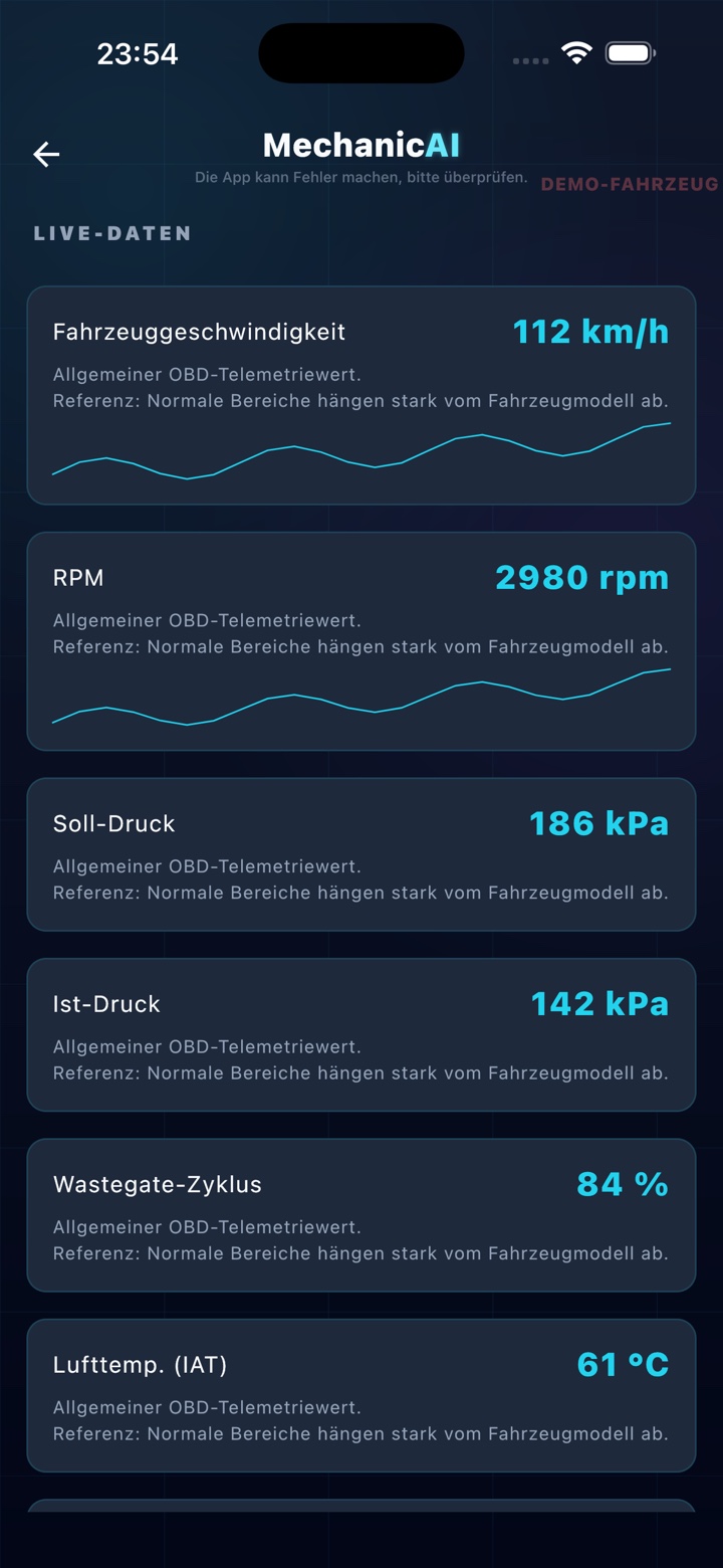 Live-OBD2-Sensordaten-Bildschirm in MechanicAI