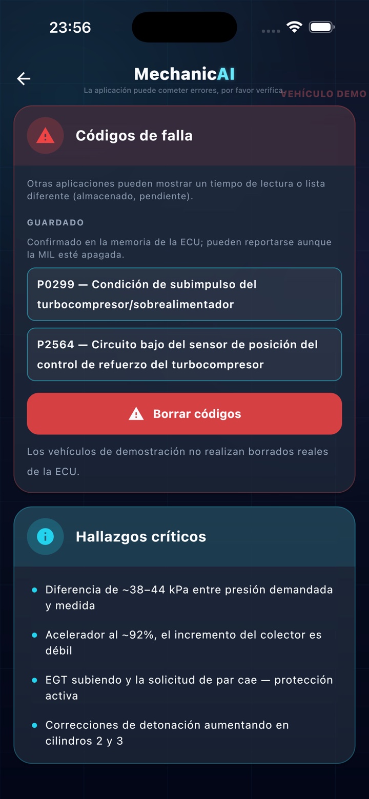 Pantalla de códigos de falla