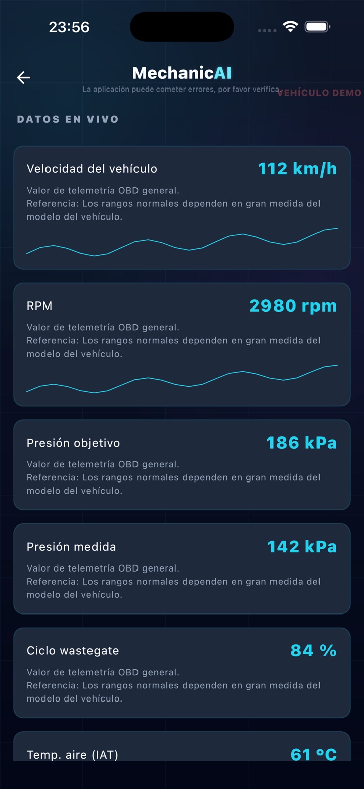 Pantalla de datos de sensores OBD2 en vivo en MechanicAI