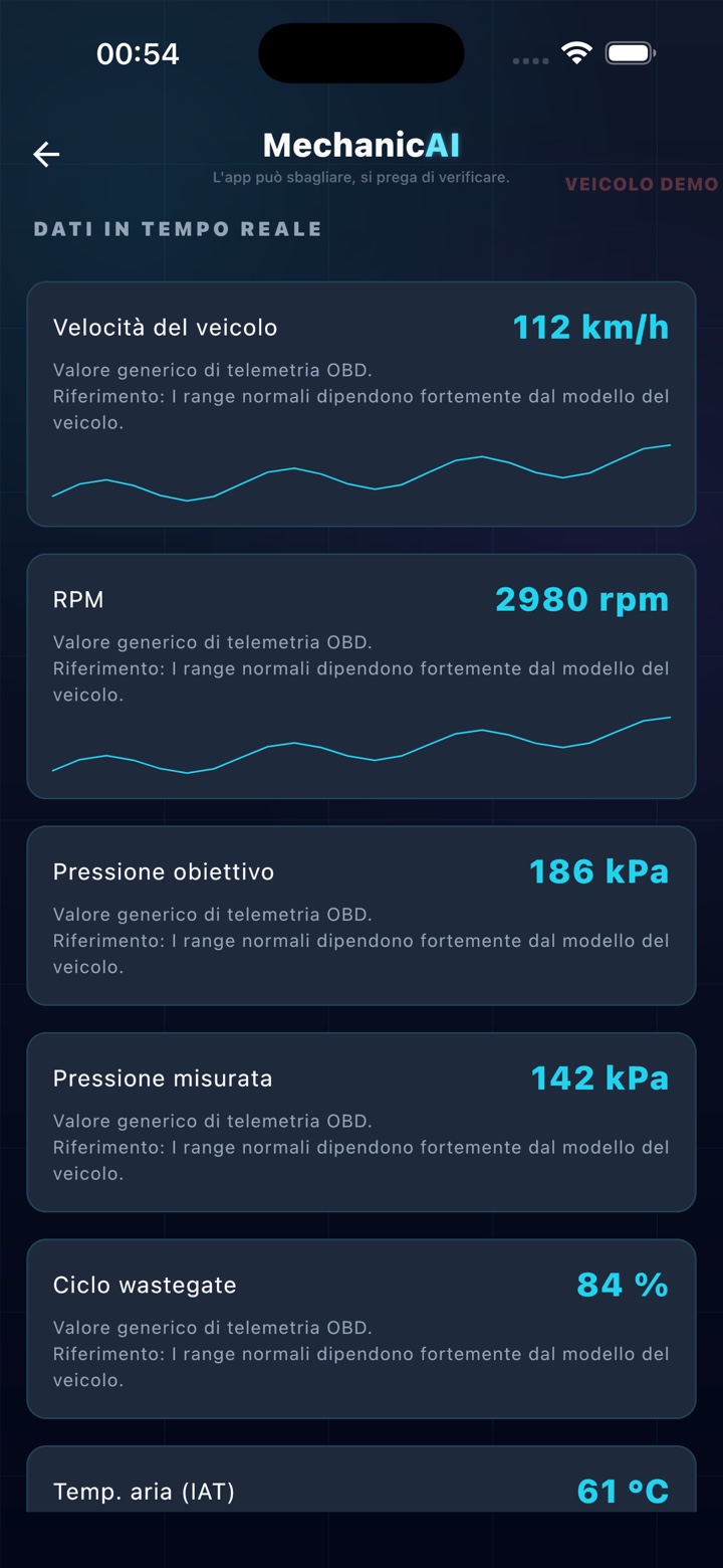 Schermata dei dati dei sensori OBD2 in tempo reale in MechanicAI