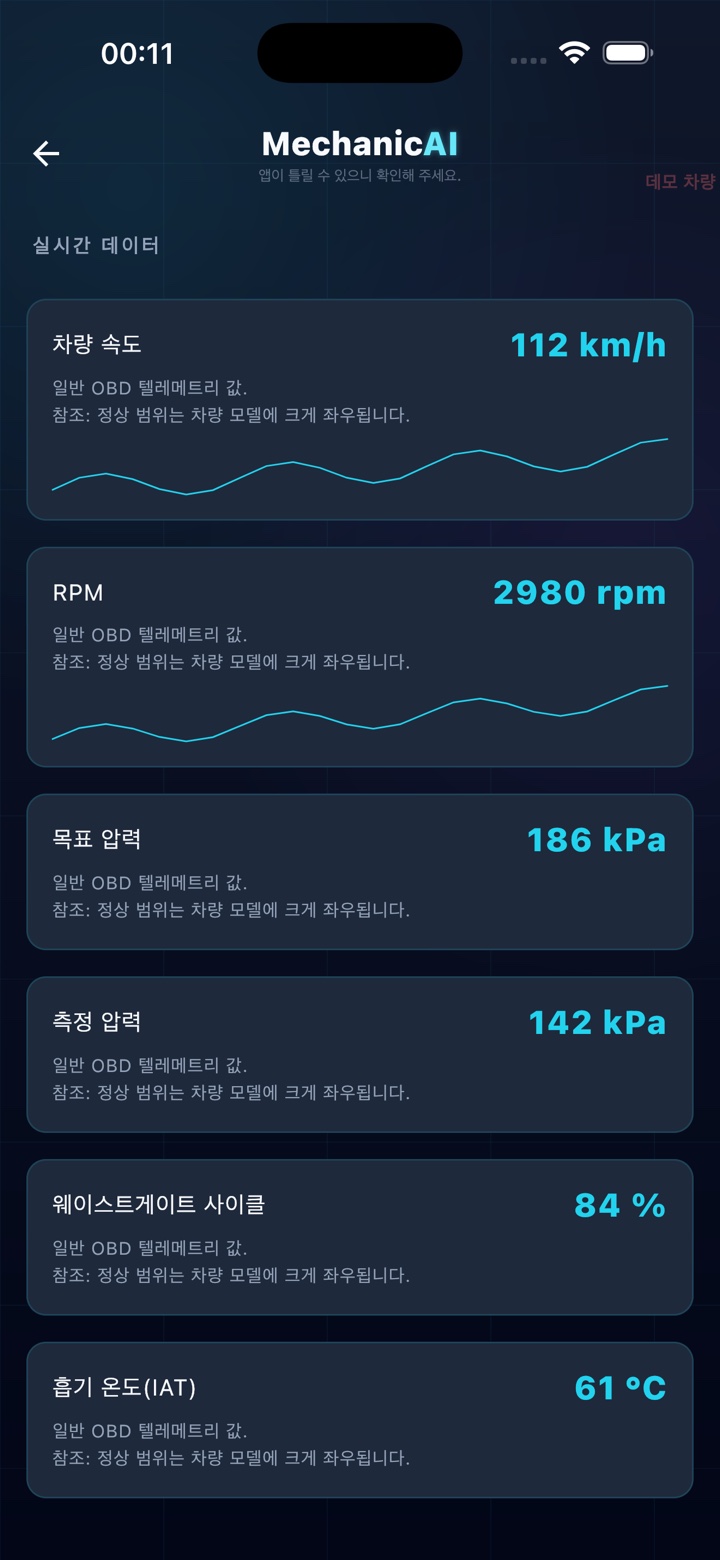 MechanicAI의 실시간 OBD2 센서 데이터 화면
