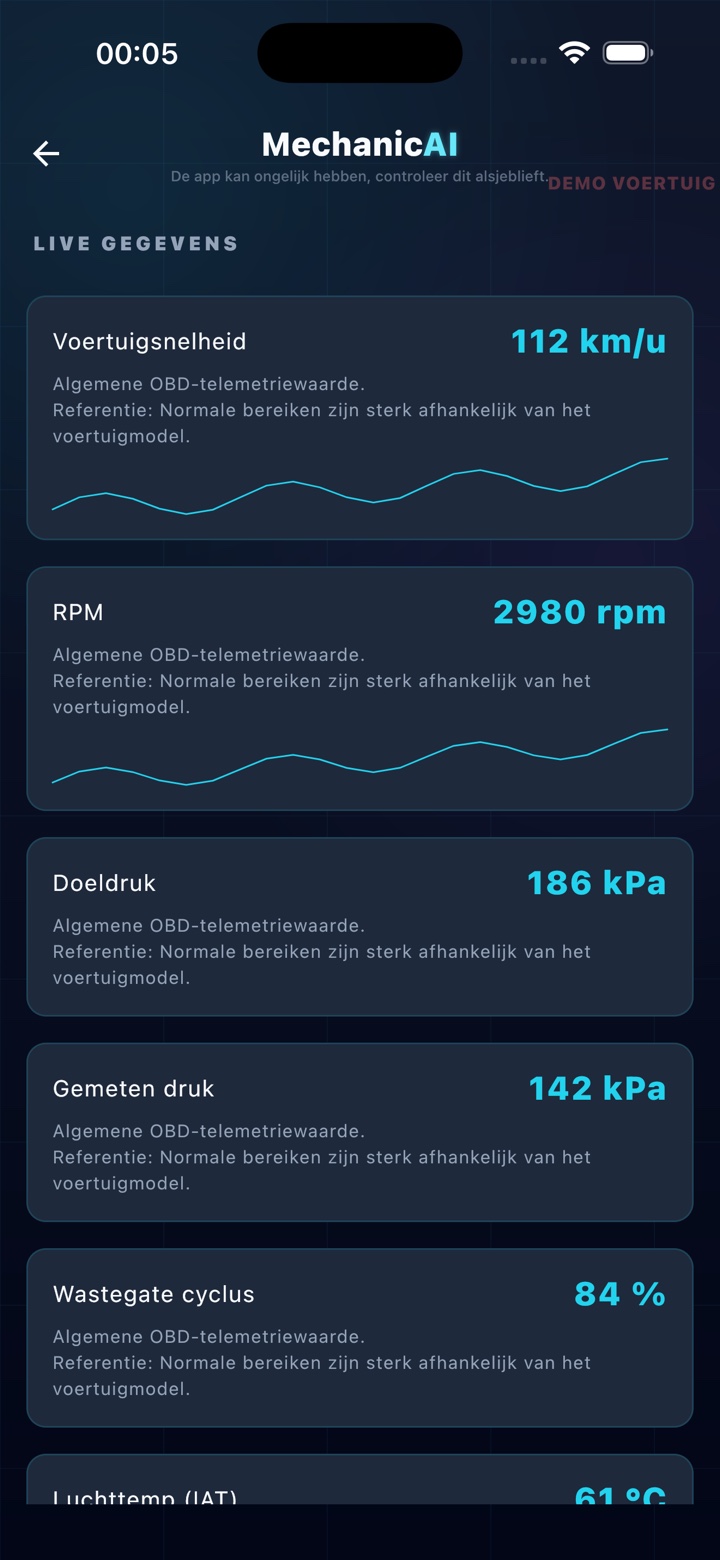 Live OBD2-sensorgegevensscherm in MechanicAI