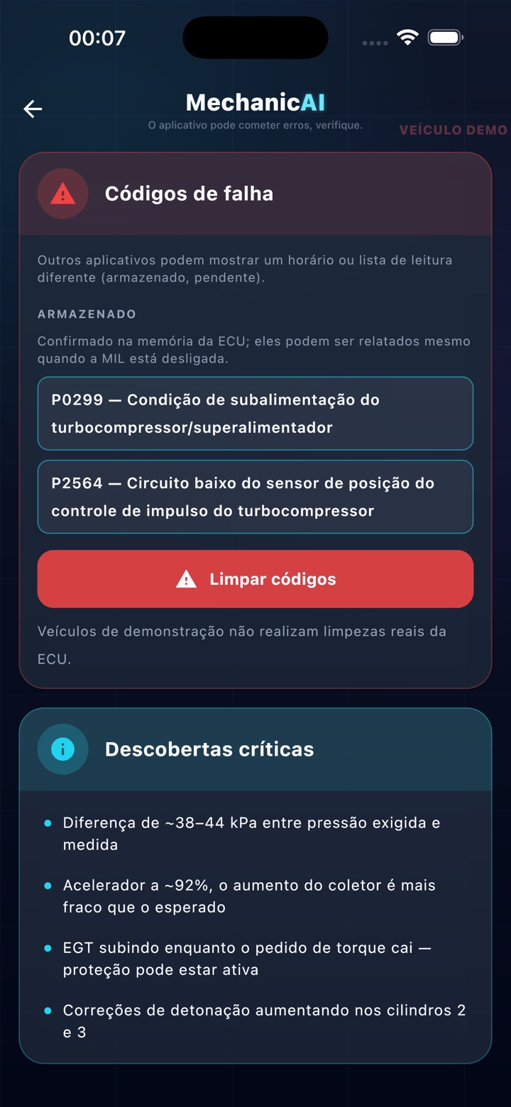 Tela de códigos de falha