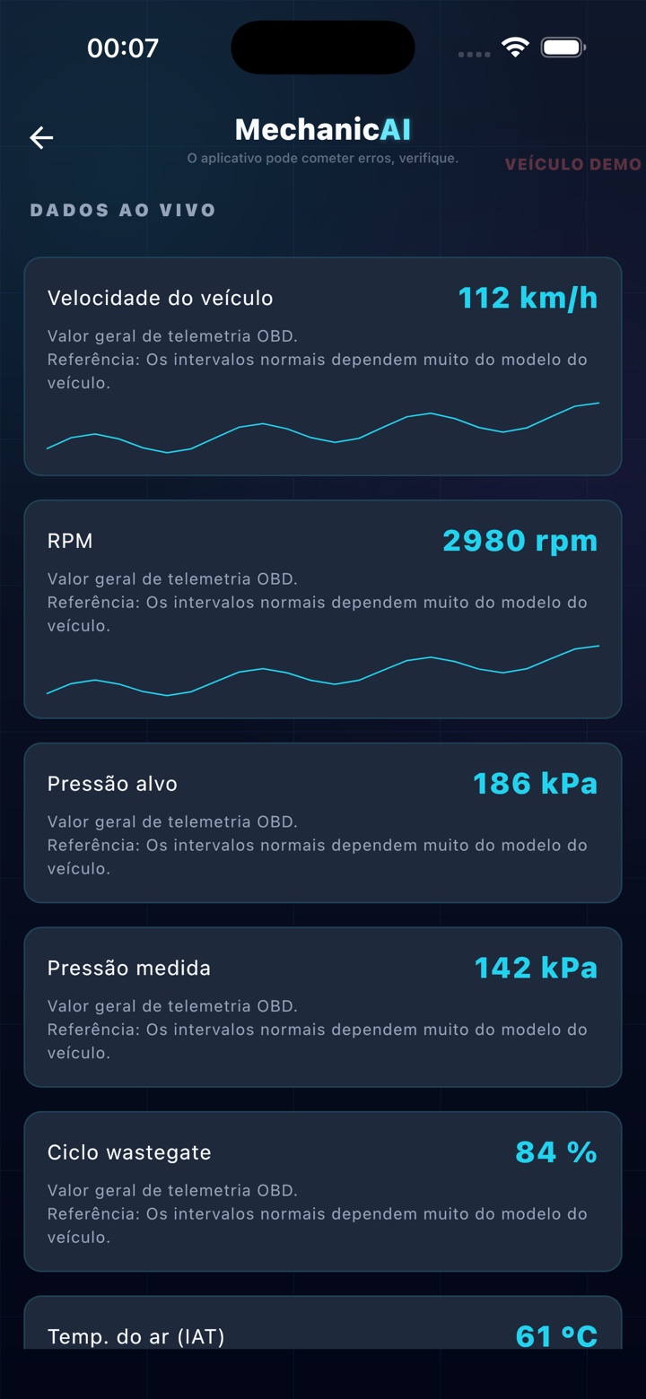Tela de dados do sensor OBD2 em tempo real no MechanicAI