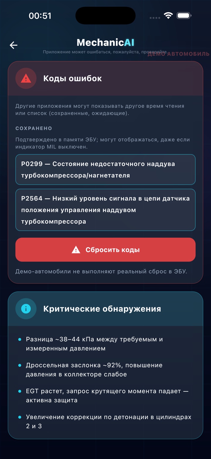 Экран кодов неисправностей