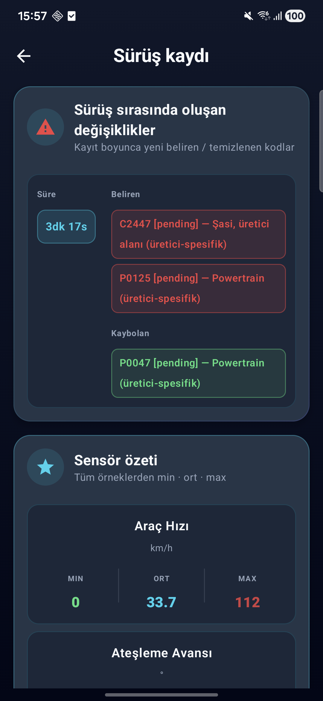 Sürüş kaydı özeti