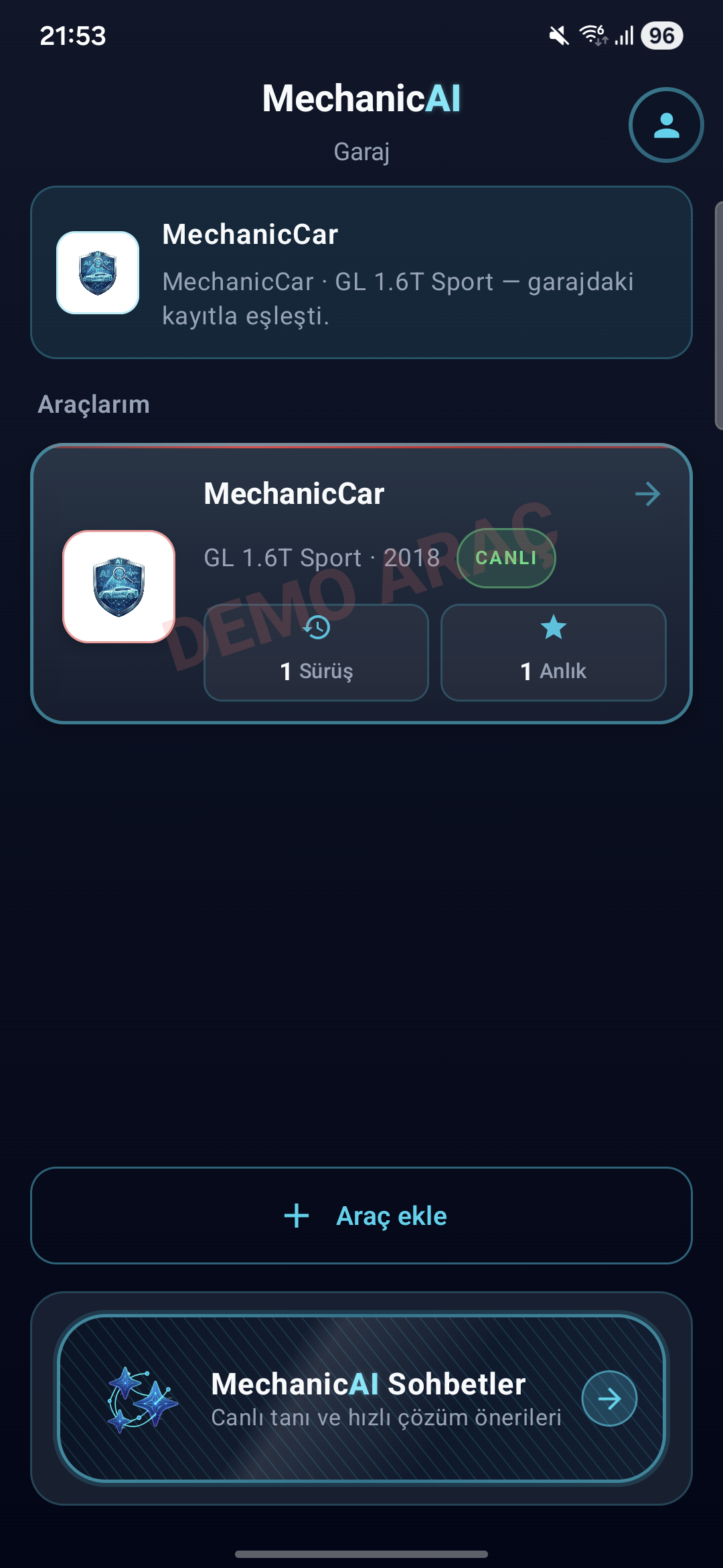 MechanicAI Garaj ekranı