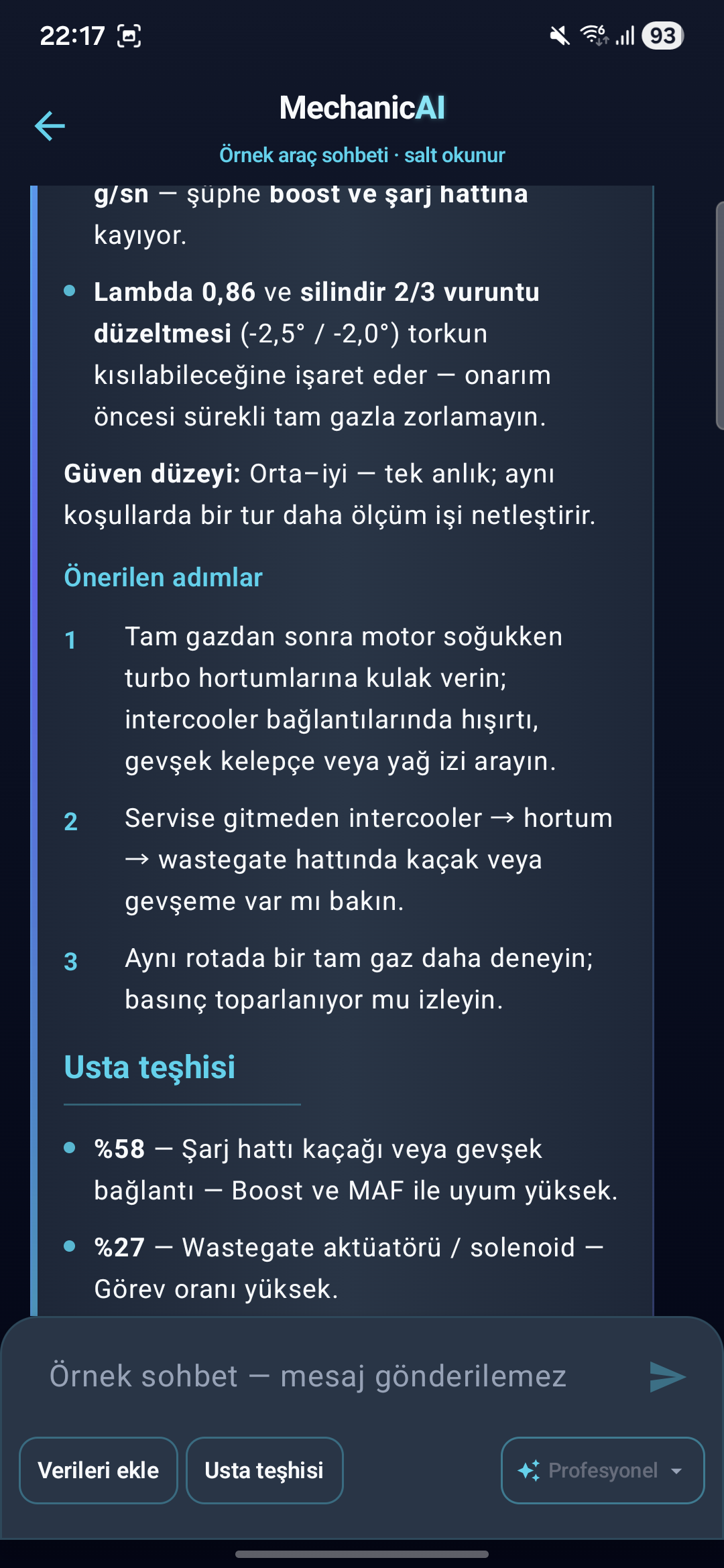 MechanicAI yapay zeka sohbet ekranı